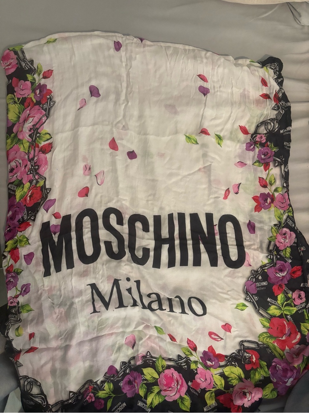 Moschino White Scarf with Black Logo and Pink Floral Accents - Picture 1 of 4